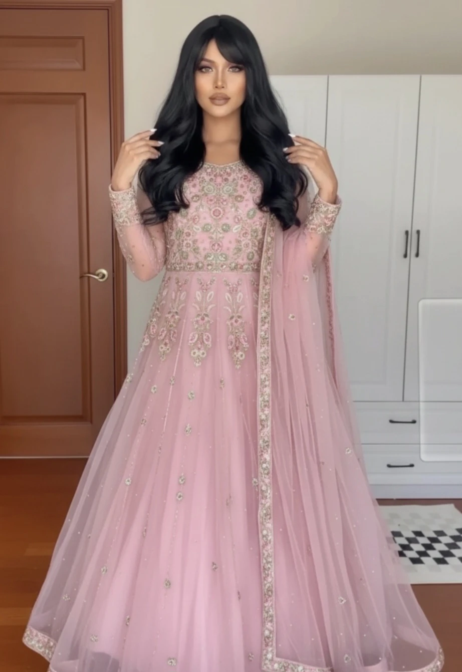 Pink Embroidered Anarkali Dress with Dupatta