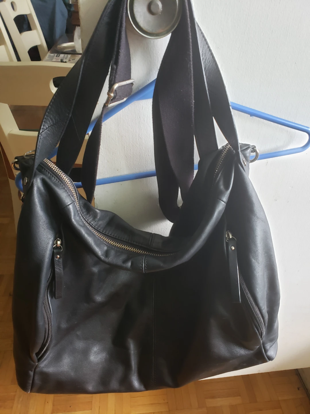 Big Black Leather Shoulder Bag with pouch.
