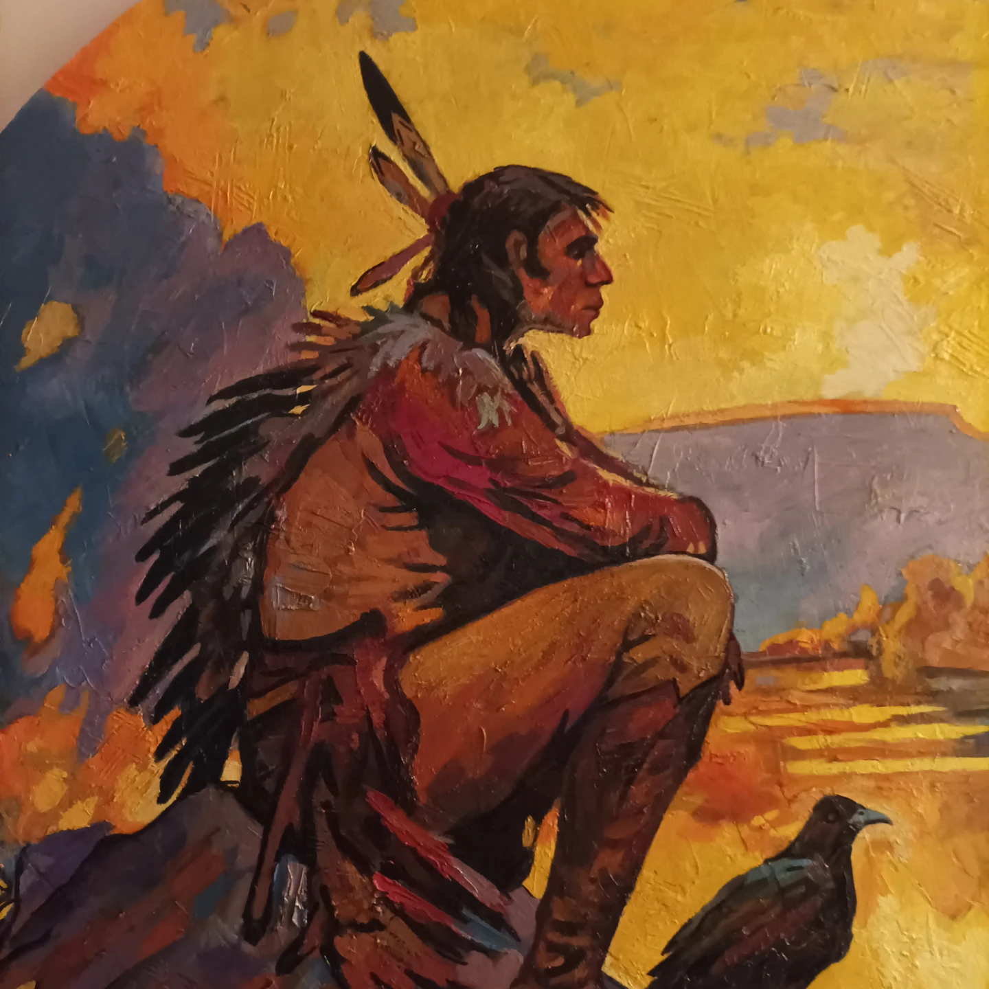 Round Painting of Indigenous Man with Raven - photo 3