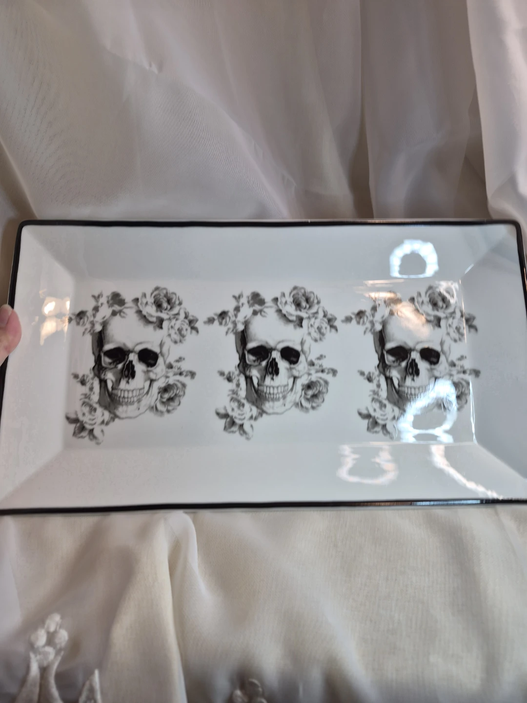 Awesome 14" x 8" Wicked Floral Skull Porcelain Serving Tray - photo 5