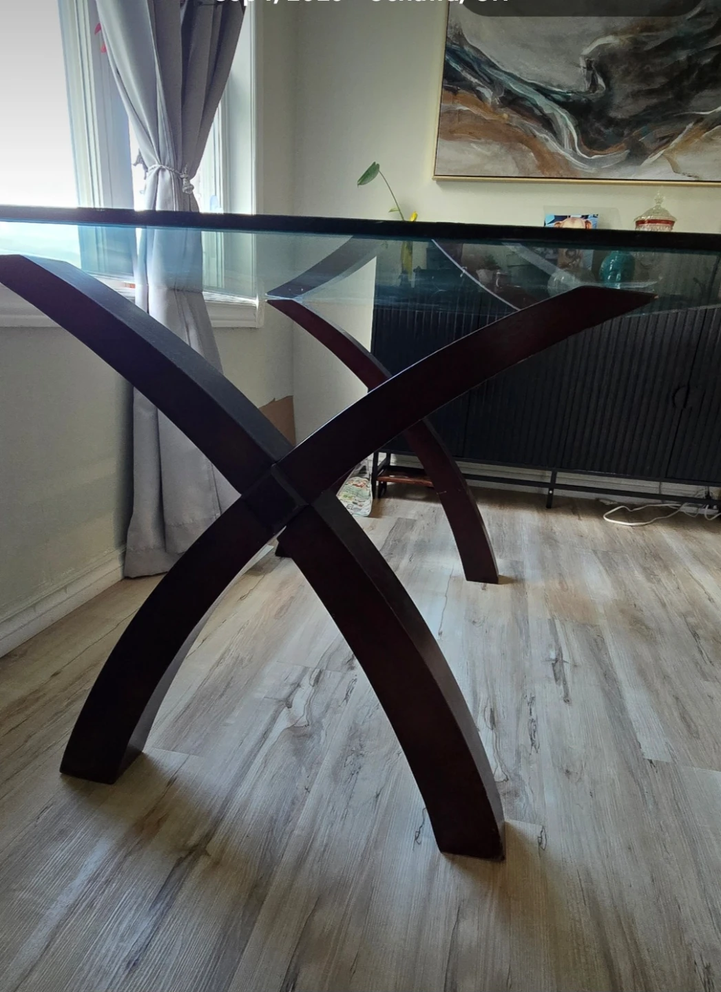 Glass Dining Table with Dark Wood Cross Base