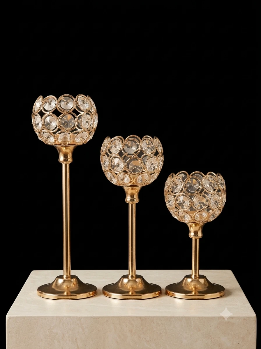 3-Piece Gold Crystal Candle Holder Set