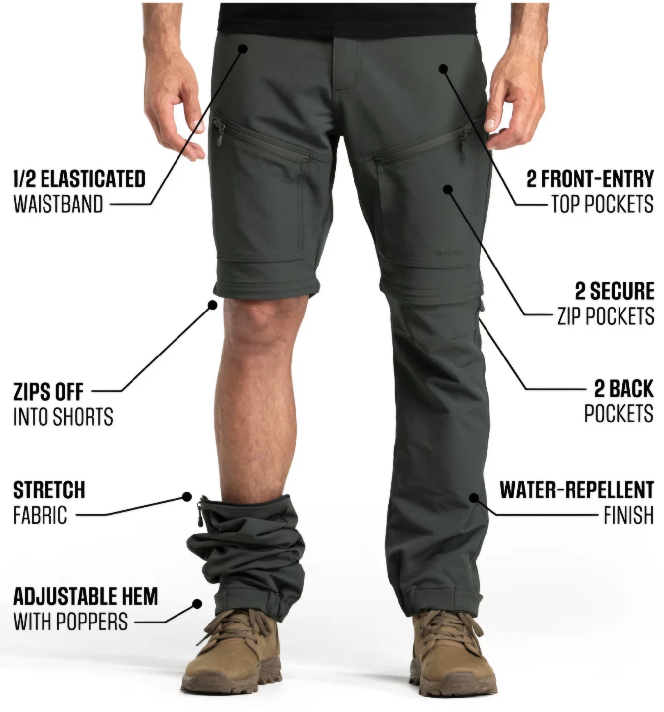 Men's Zip-off Cargo Pants.BÆRSkin Water-Repellent. Green XXL. - photo 2
