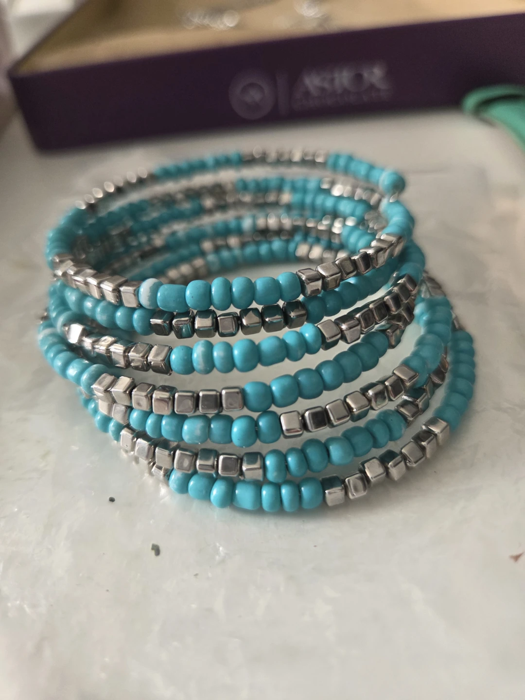 Turquoise and Silver Beaded Coil Bracelet