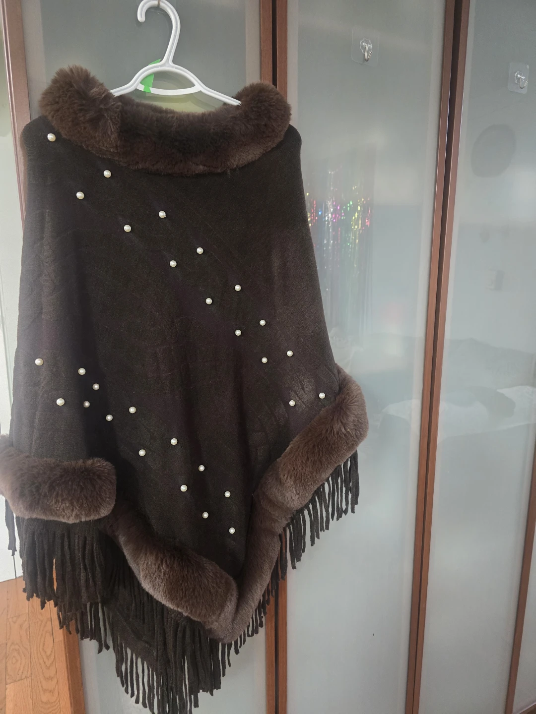 Brown Faux Fur Trimmed Poncho with Pearl Accents