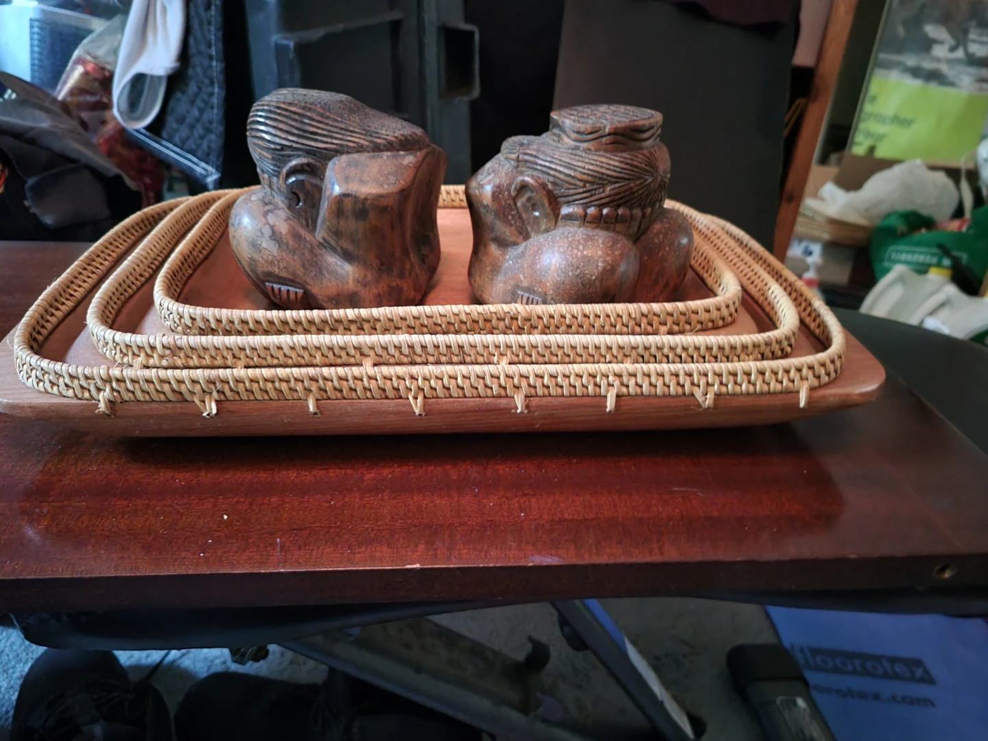 Set of 5 Wooden Trays with Rattan Trim