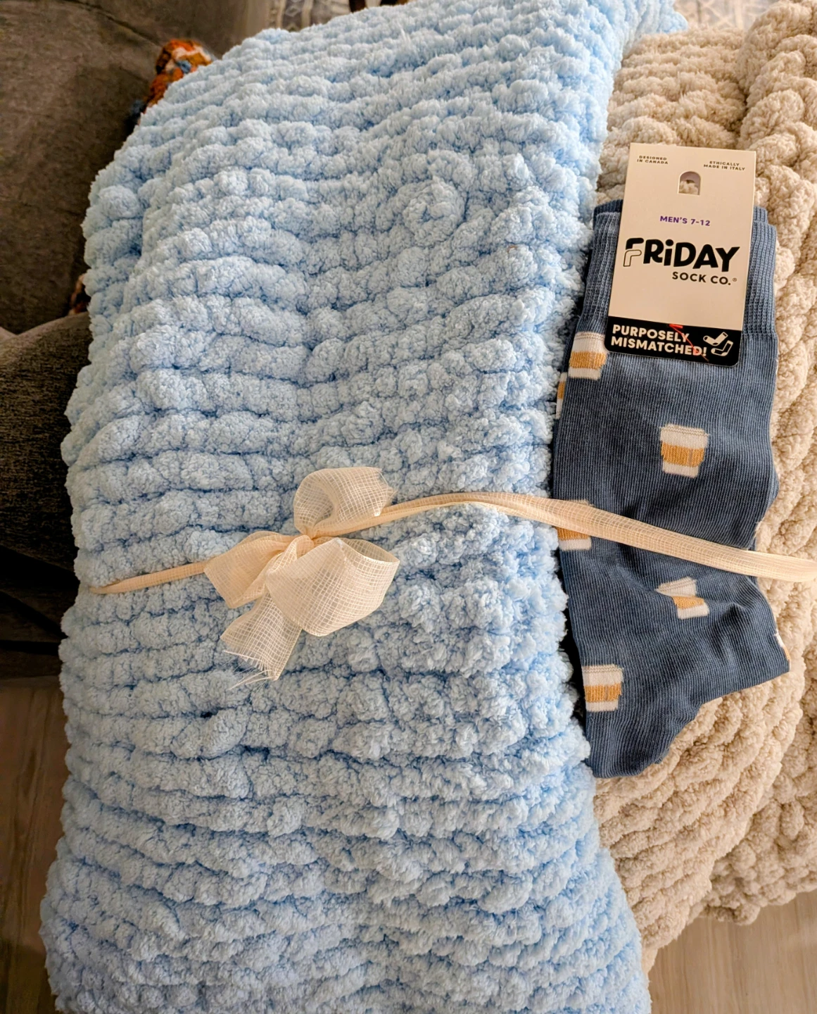 Chunky Knit Blanket - Blue and Beige - photo 2