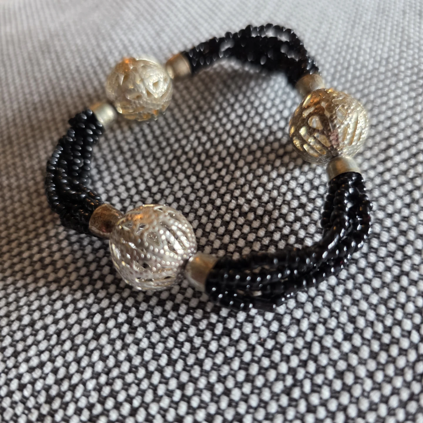 Black Beaded Bracelet with Filigree Orbs - photo 3