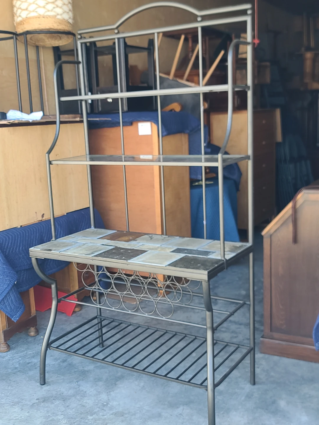 Large Metal Baker's Rack with Slate Tile Top and Wine Storage