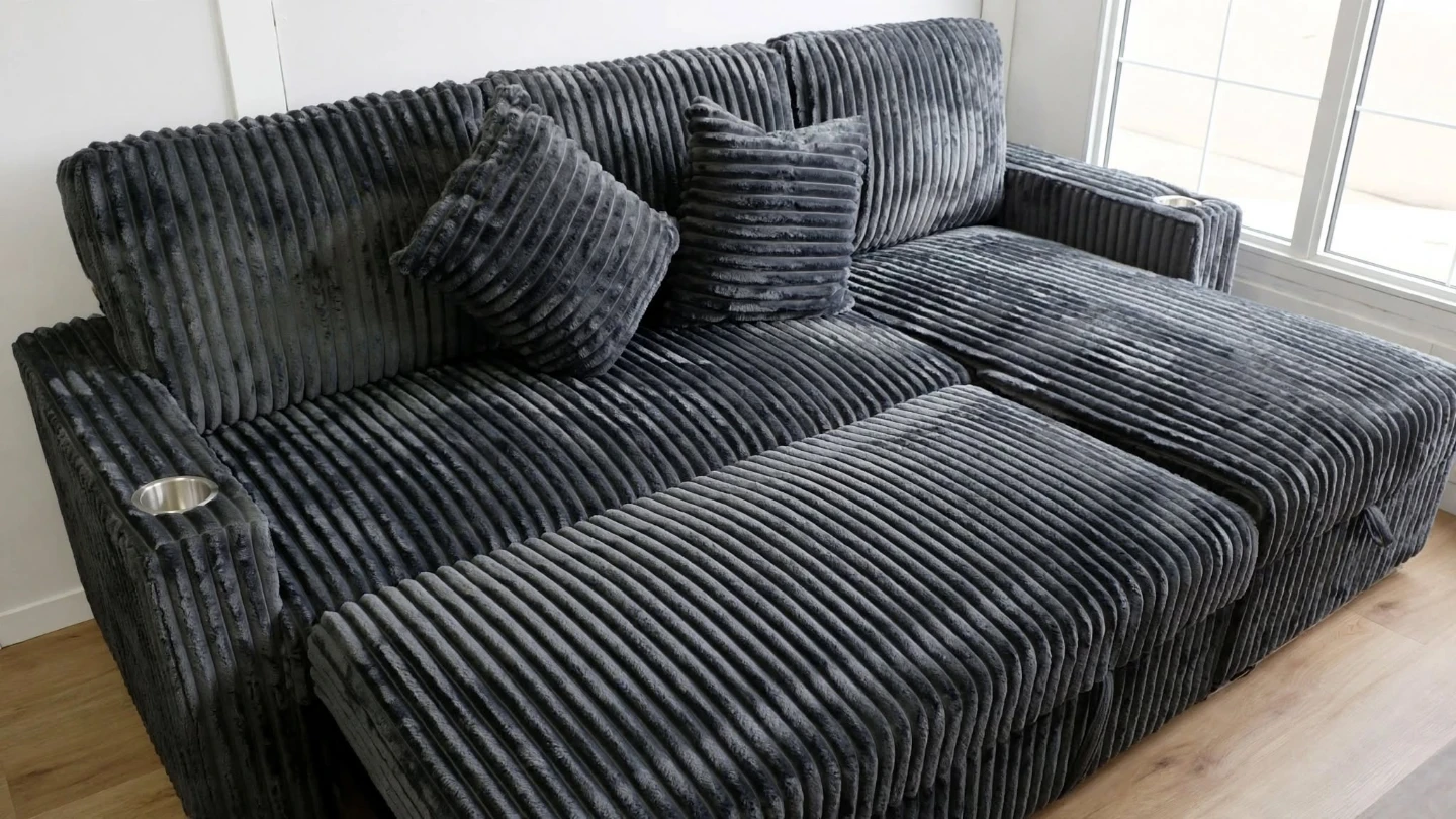 Brand new Dark Grey Corduroy Sectional Sofa Bed with Cup Holders