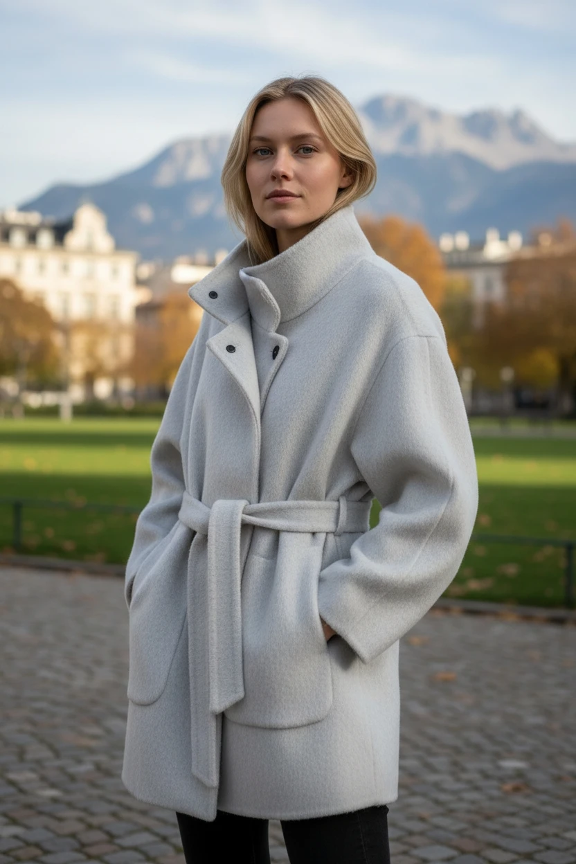 Light Grey Wool-Blend Belted Coat