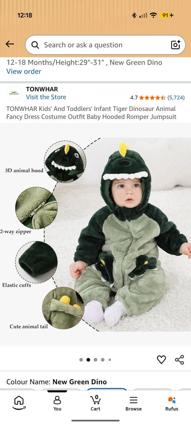 TONWHAR Green Dinosaur Romper Jumpsuit 12-18 Months - photo 3