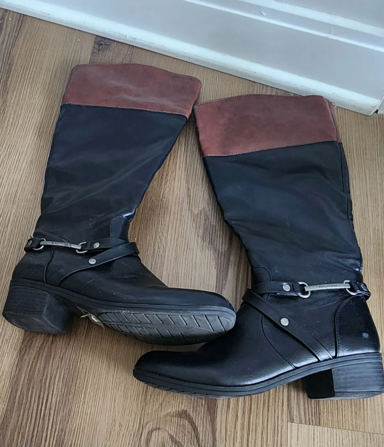 Nautica Black and Brown Knee-High Boots