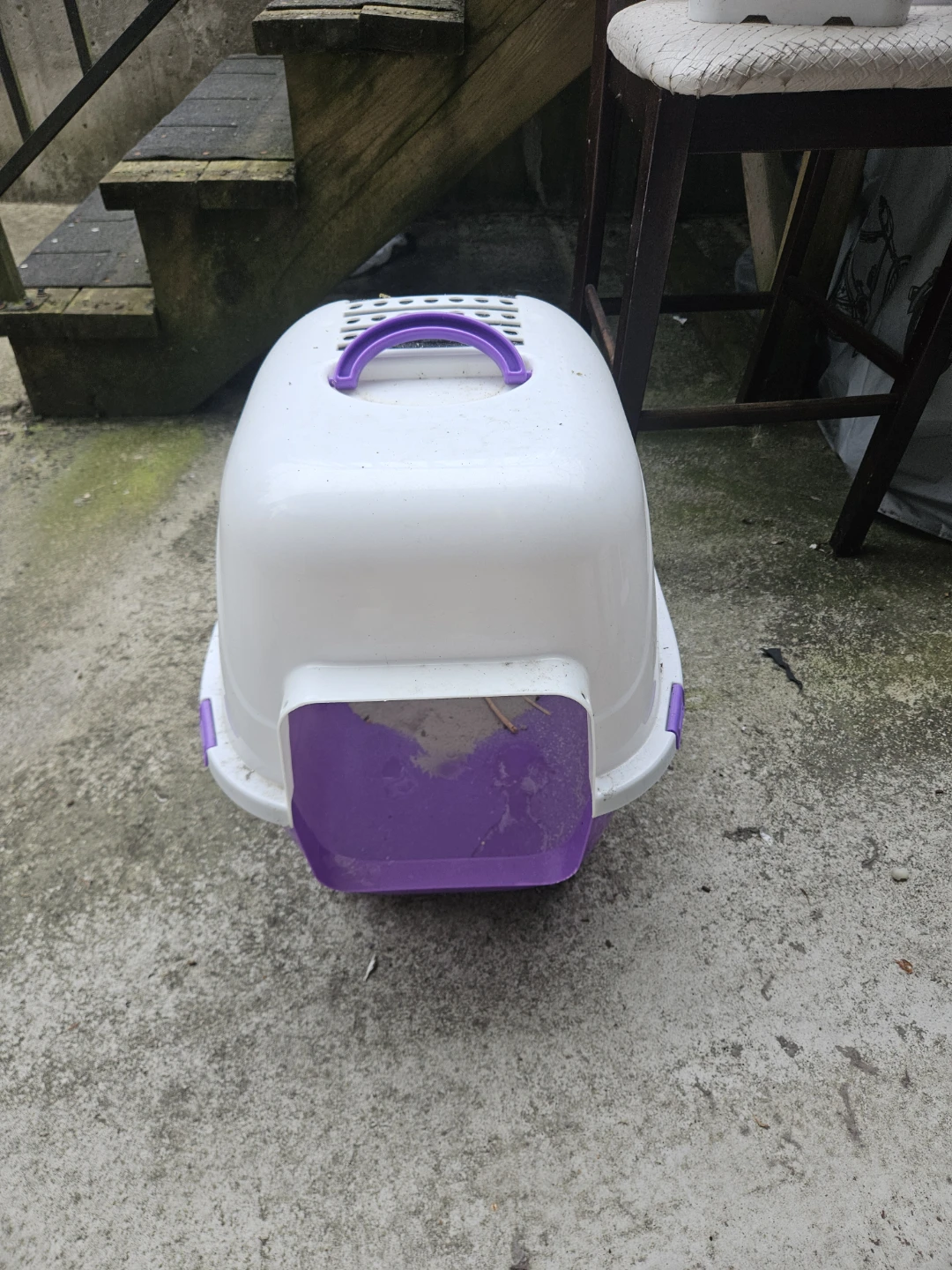 White and purple hooded cat litter box with handle