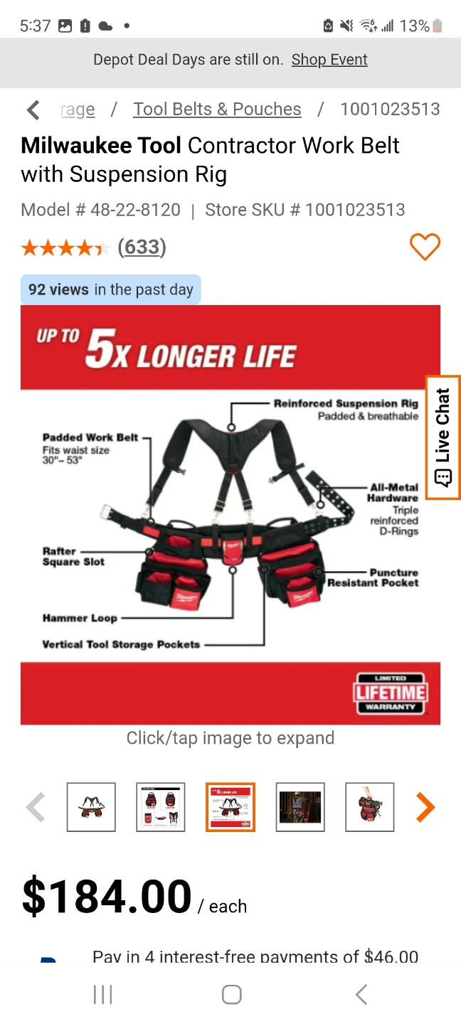 $185 in store Milwaukee Tool Adjustable Electrician's Work Belt