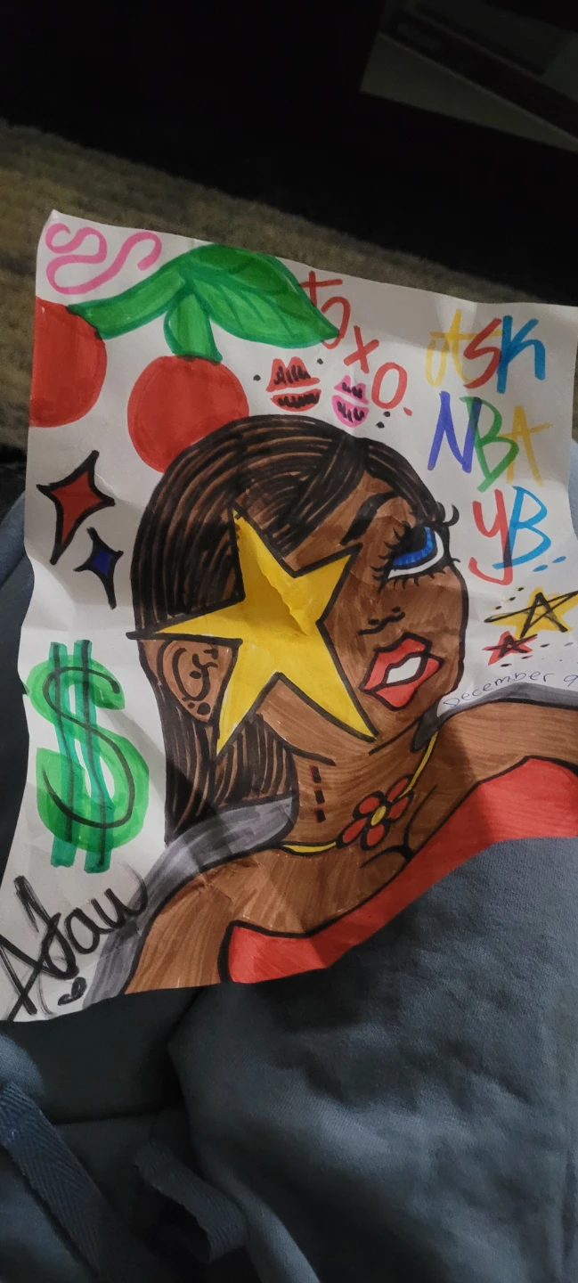 Hand-drawn artwork featuring a woman with a star