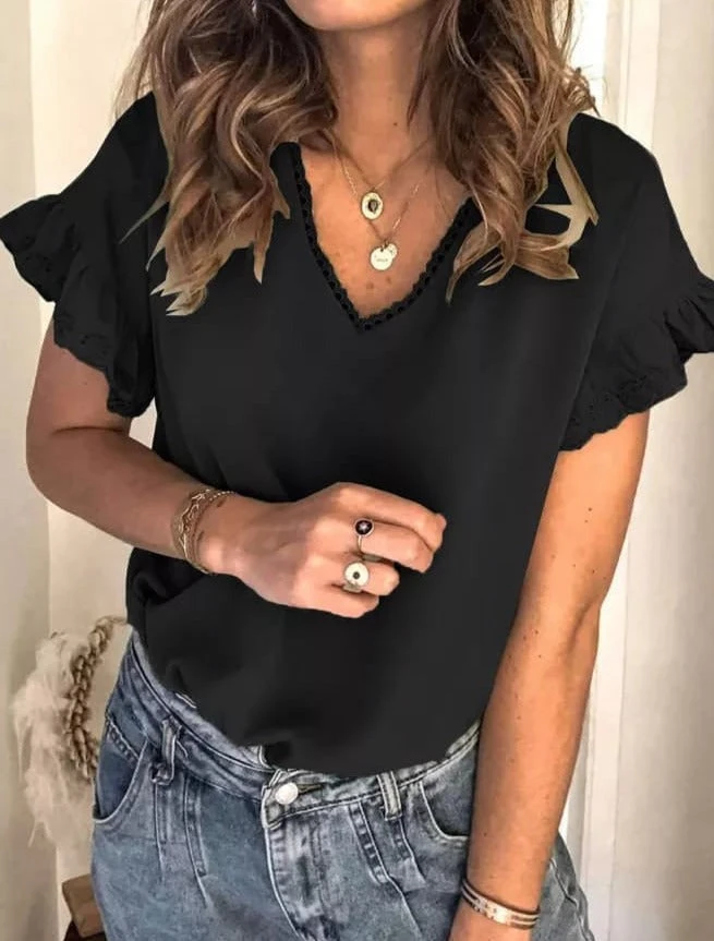 Black Ruffle Sleeve V-Neck Blouse