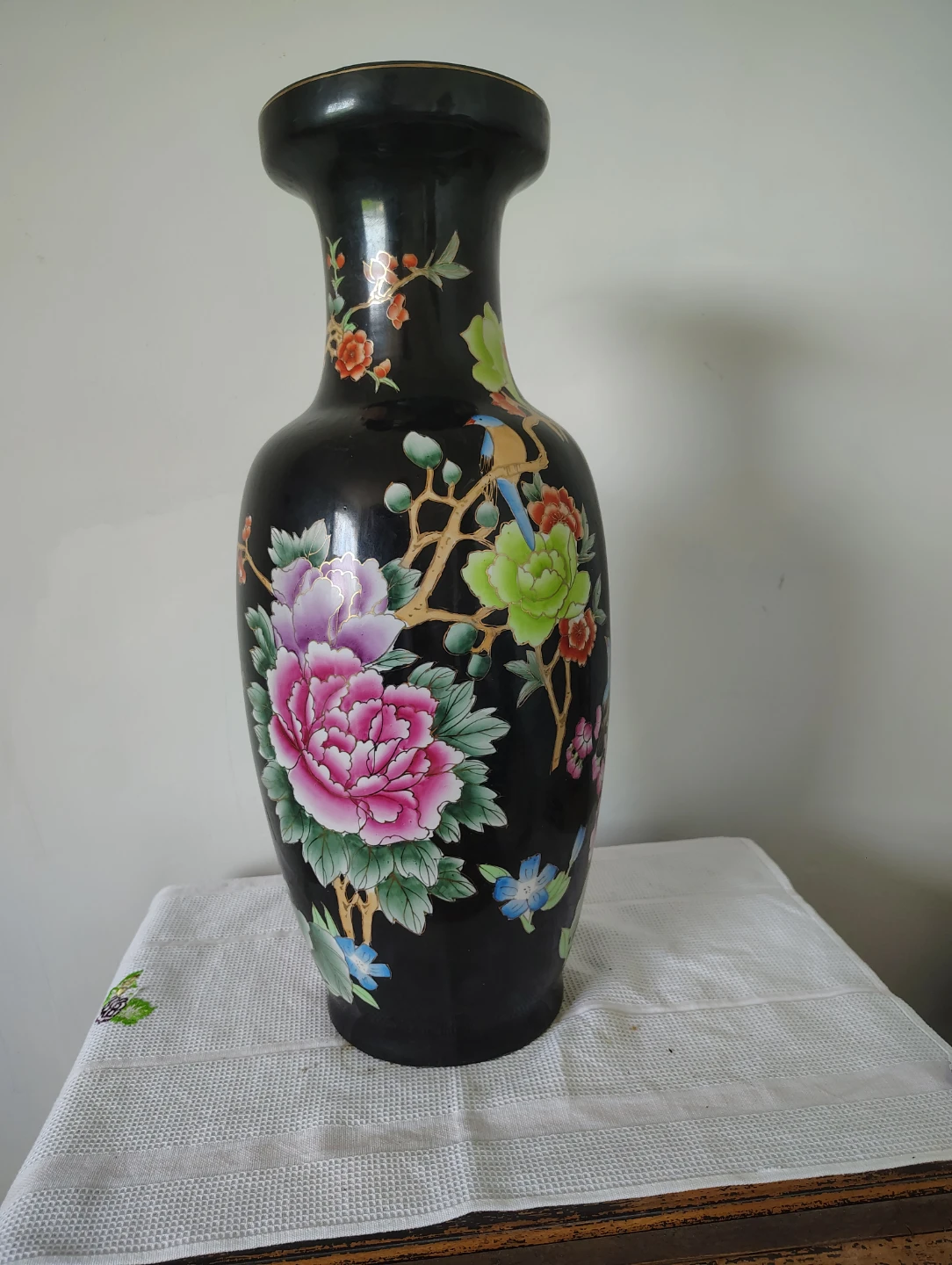 Black Decorative Ceramic Vase with Floral Design