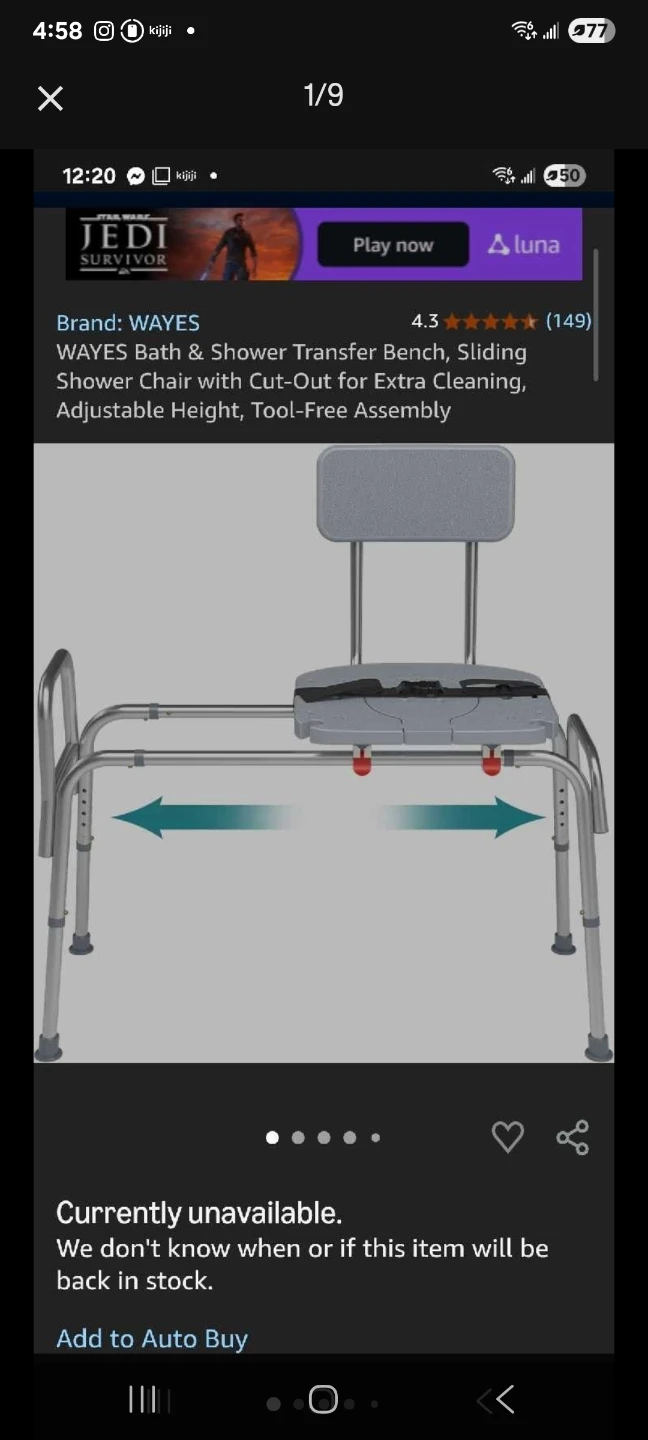 Bath transfer bench w/slide seat brand new