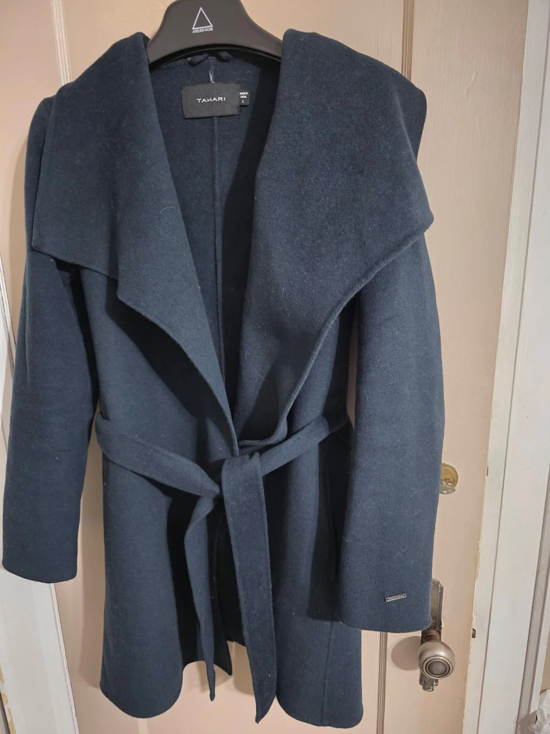 Tahari Navy Wool Blend Wrap Coat