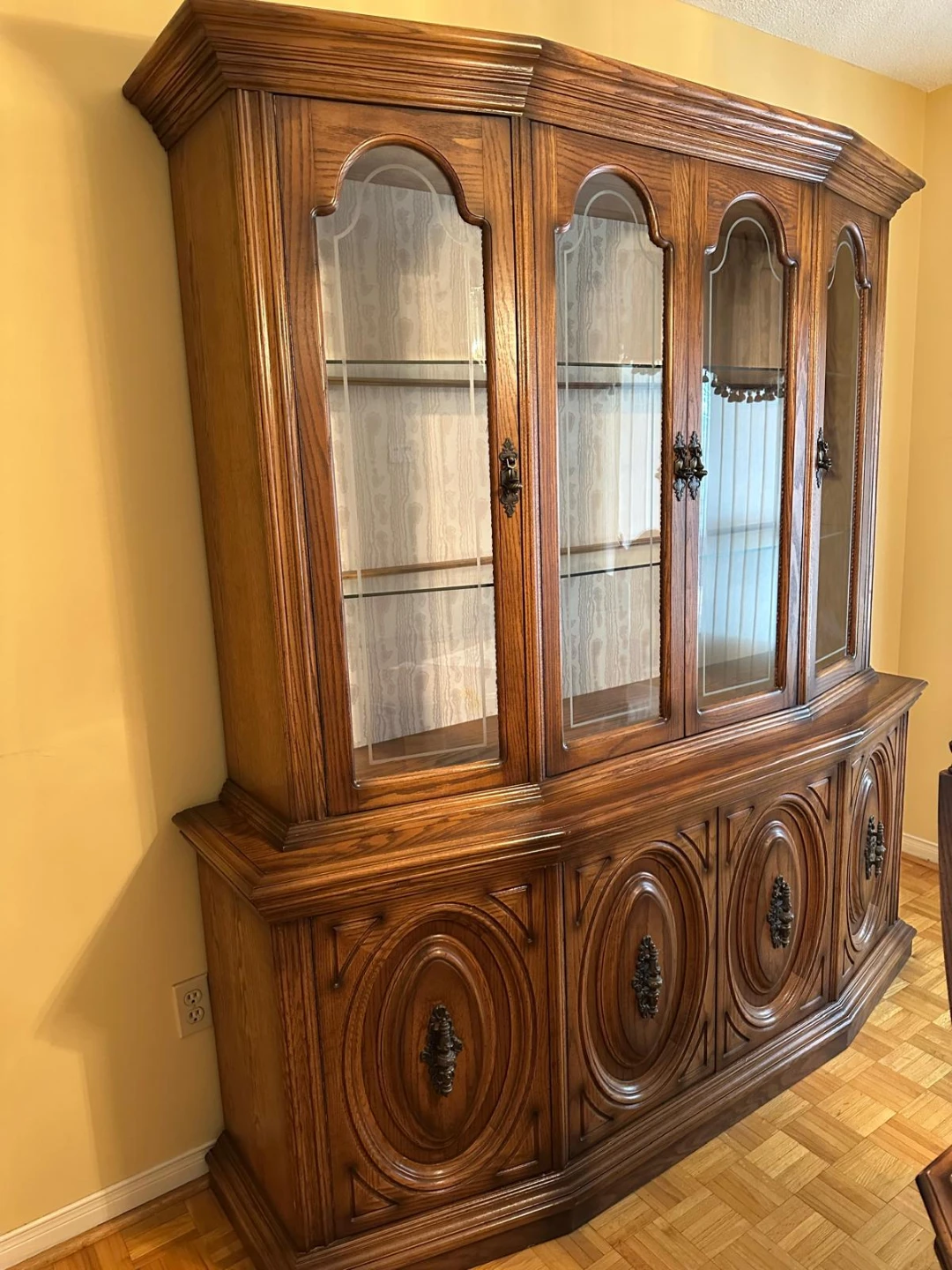 Large Wooden Dining Hutch with Glass Cabinet