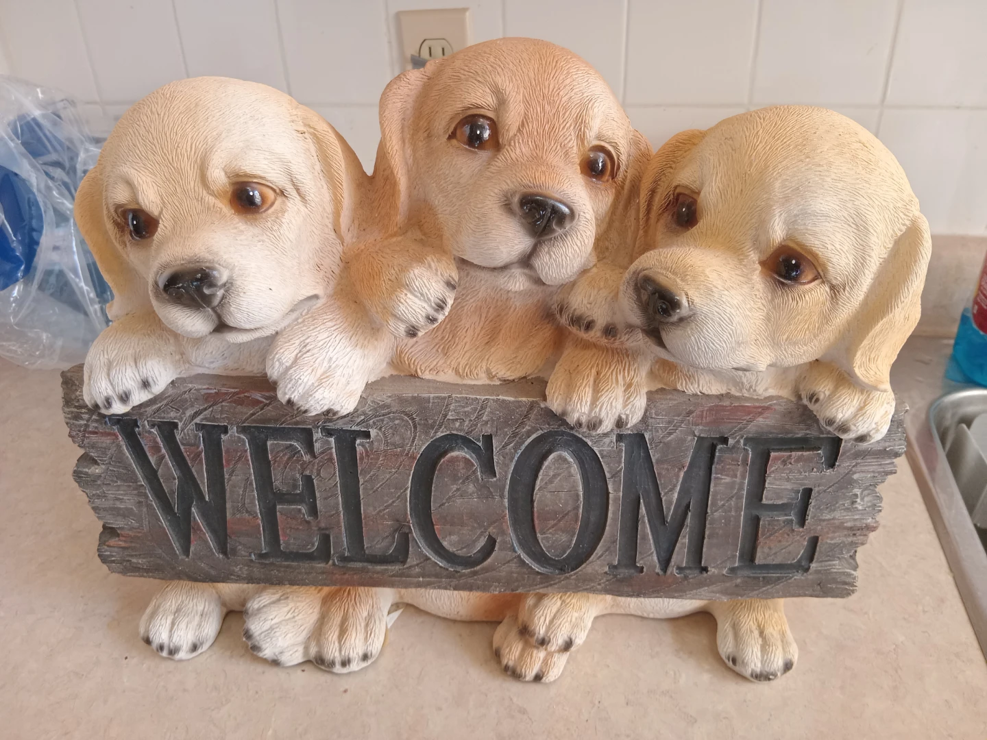 Welcome sign with puppy figurines