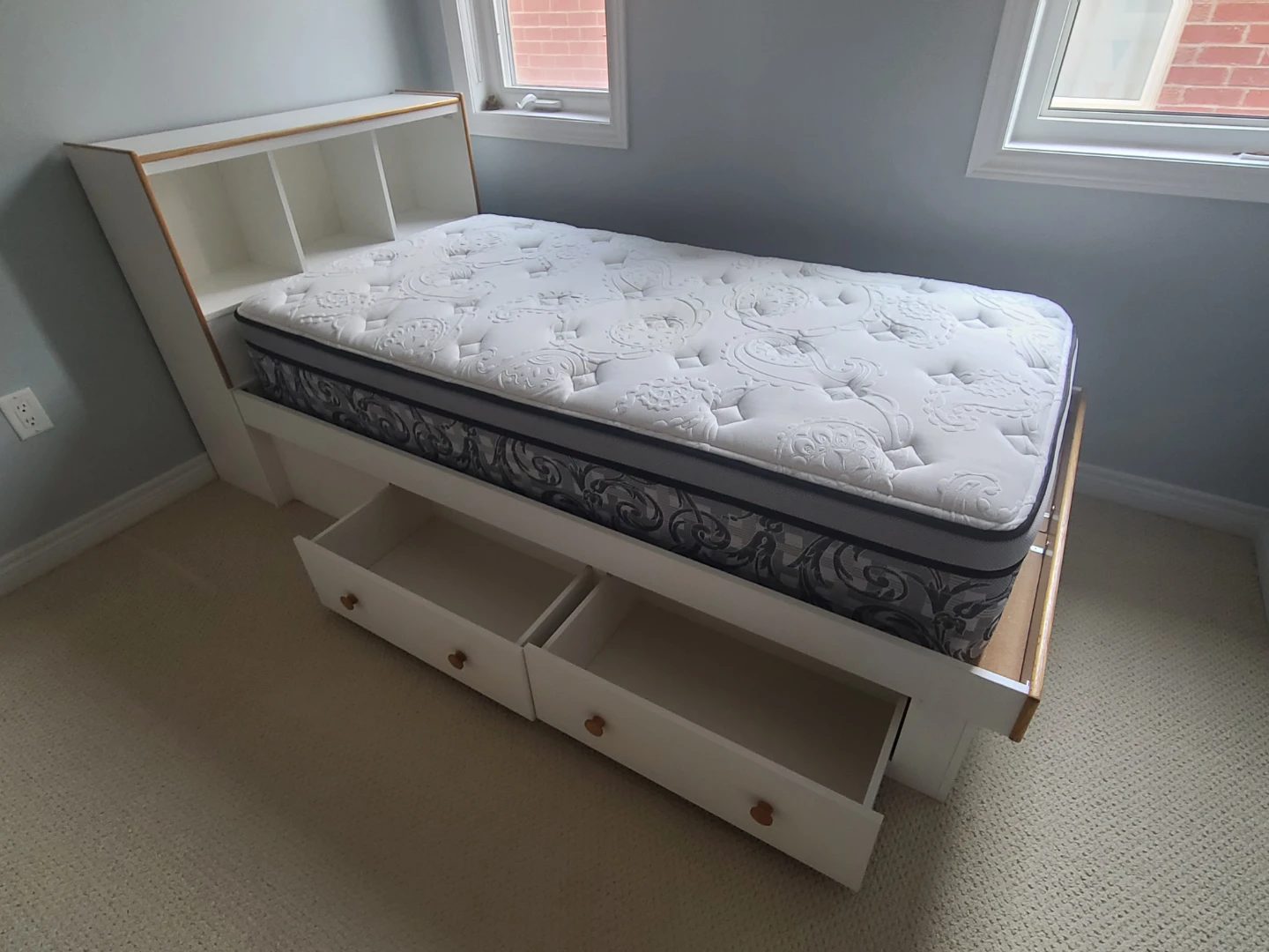 White Single Bed with Storage and Bookshelf Headboard - photo 2