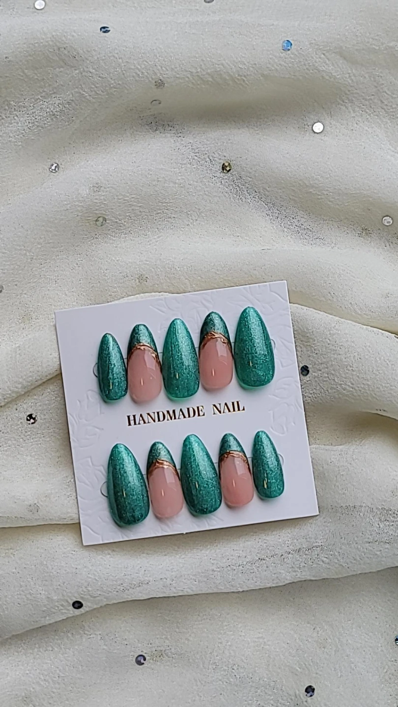 Handmade Press-On Nails Teal and Gold