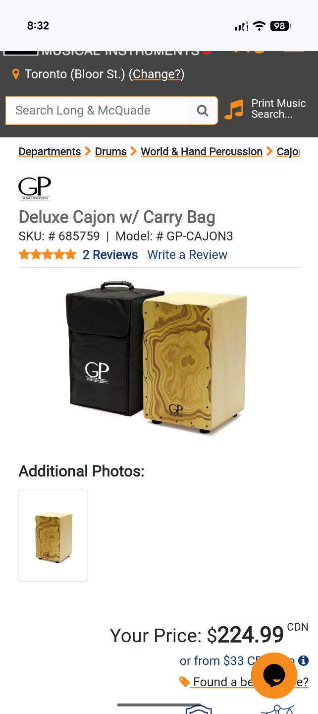 Granite Percussion Deluxe Cajon w/ Carry Bag
