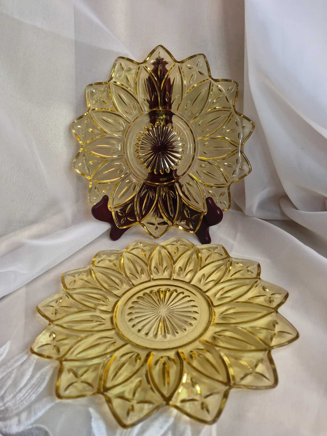 Pair of Beautiful Vintage 9 1/4" Round Amber Federal Glass