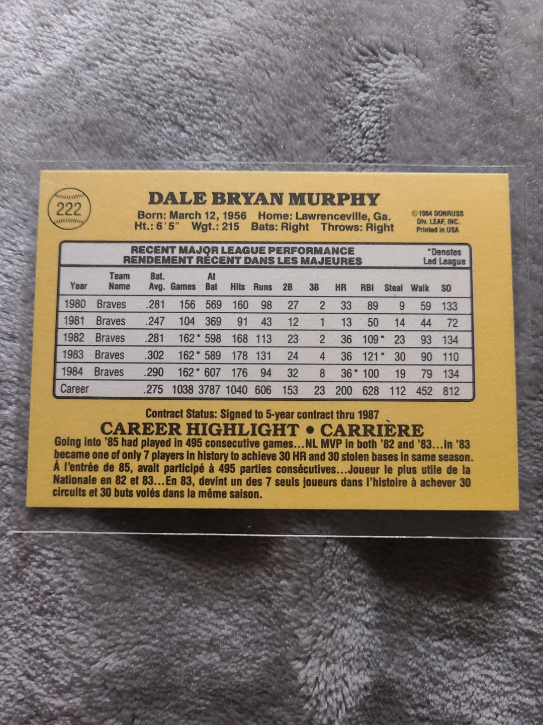 1985 Donruss Dale Murphy Baseball Card - photo 2