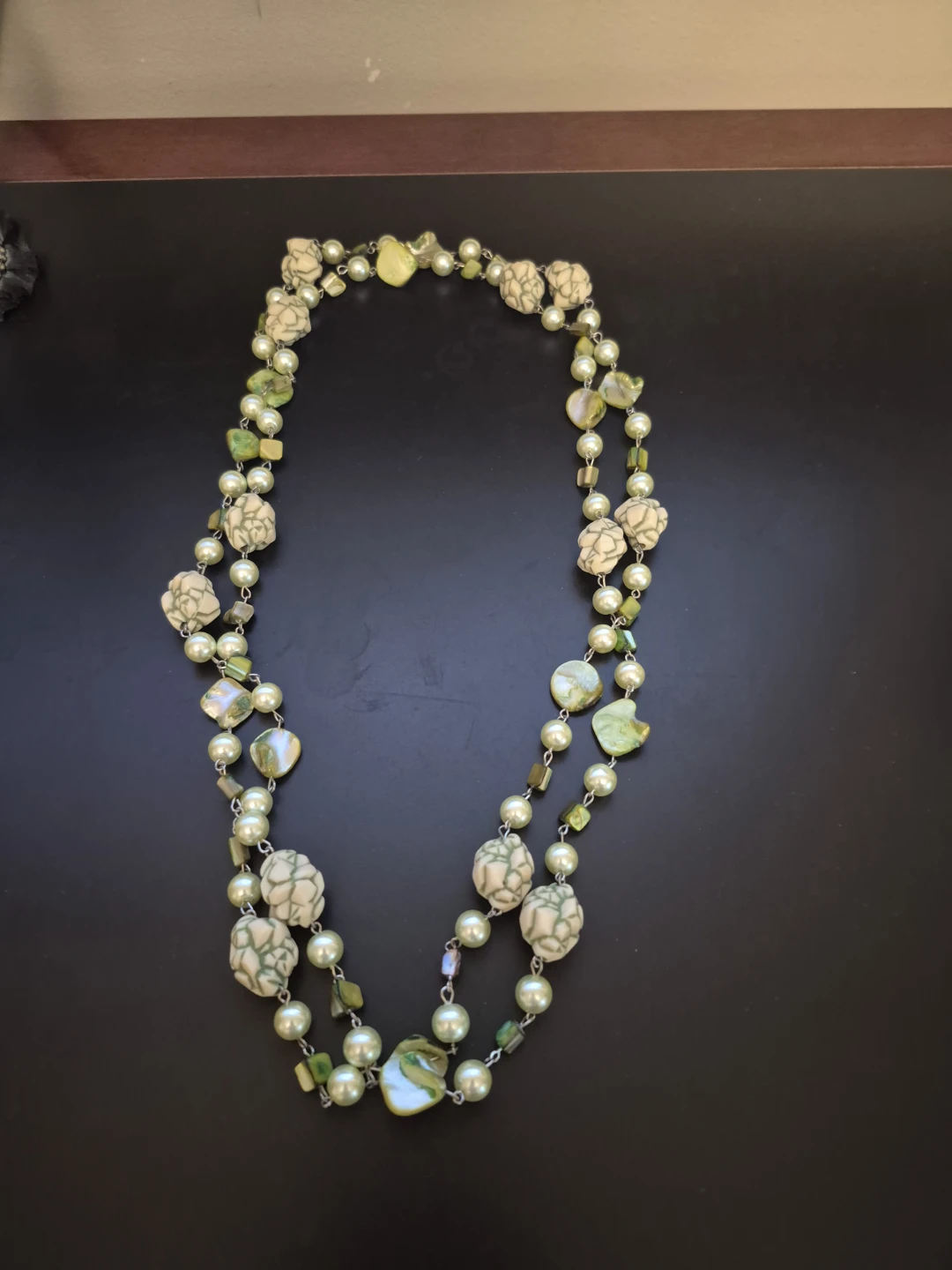 Green and white beaded statement necklace