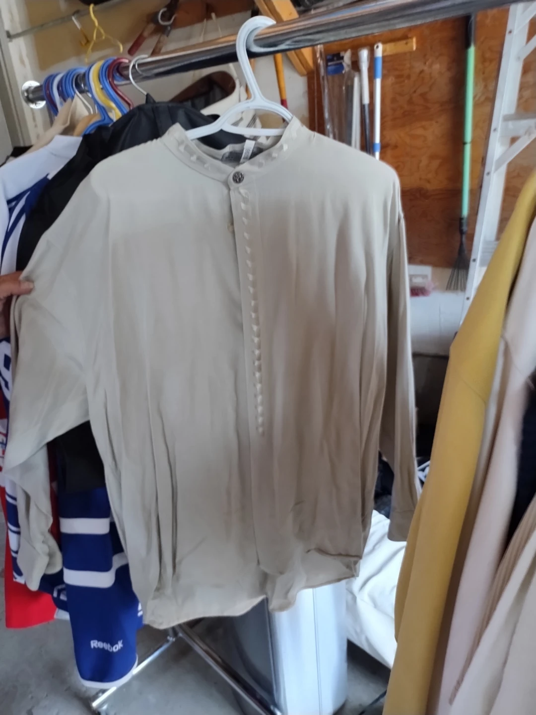 Beige Men's Long-Sleeve Mandarin Collar Shirt