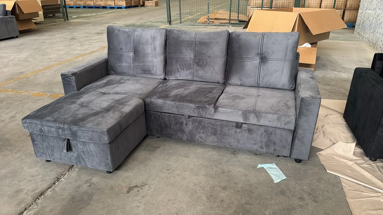 Grey Corduroy Sectional Sofa Bed with Storage