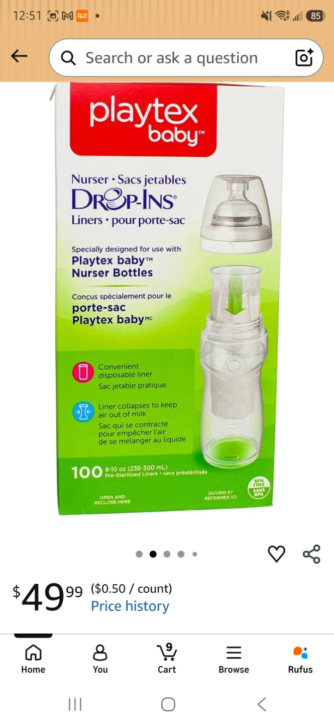 2 Playtex Baby Bottles and 100 Drop-Ins Liners - photo 2