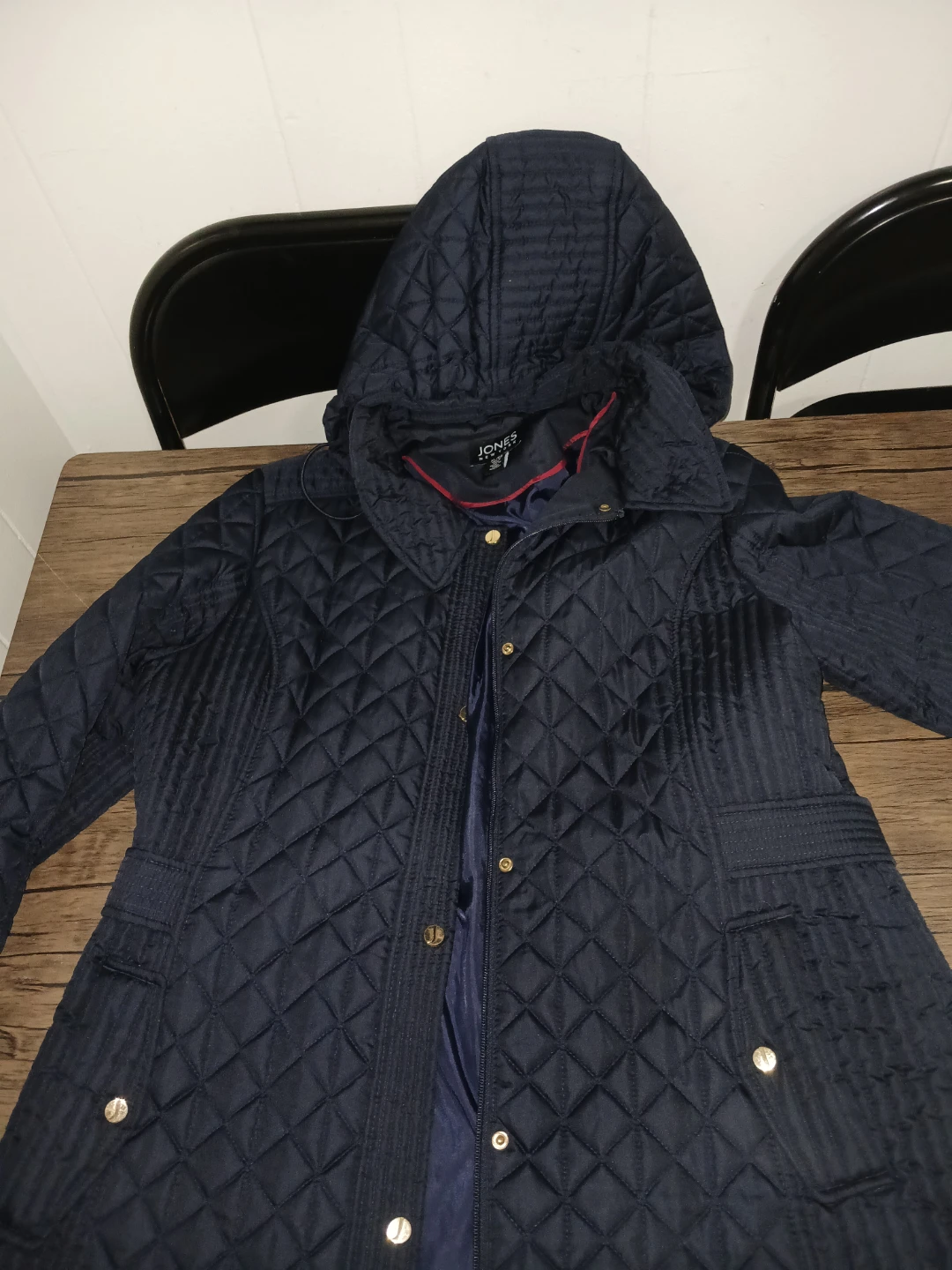 Jones New York Quilted Hooded Jacket Navy Blue XL