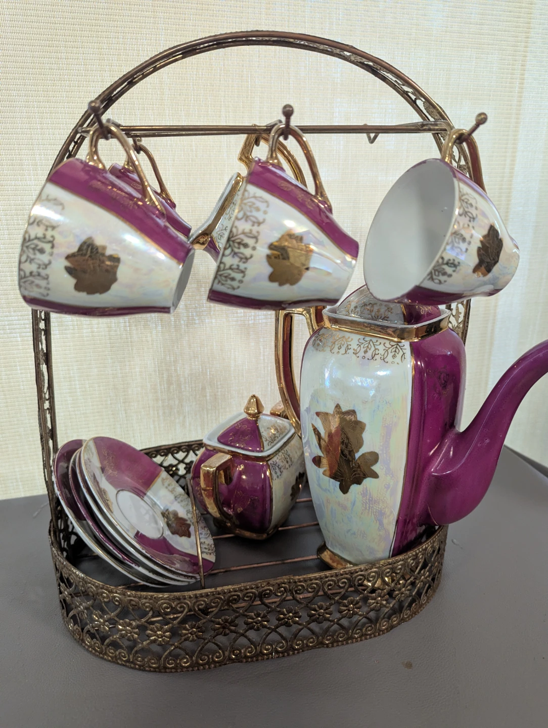 Vintage Purple and Gold Tea Set with Stand - photo 2