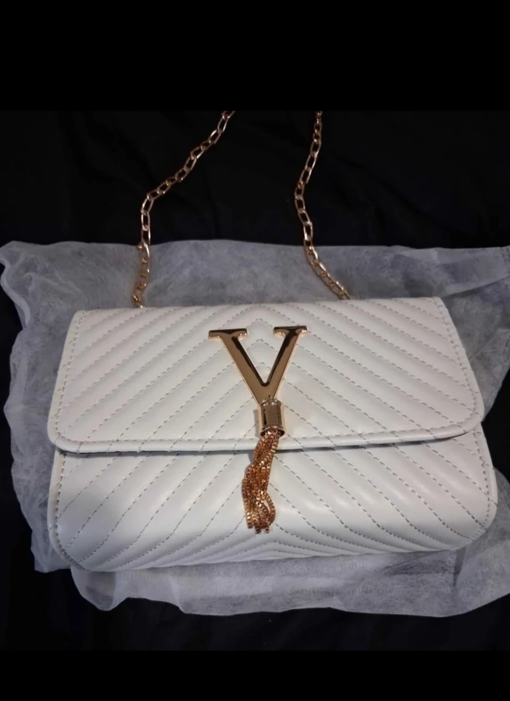 White Shoulder Bag with Gold Chain