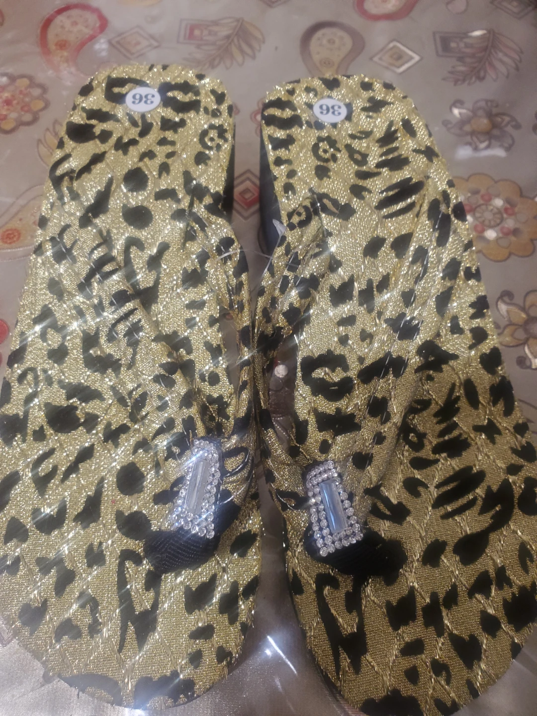 Gold and black leopard print wedge sandals