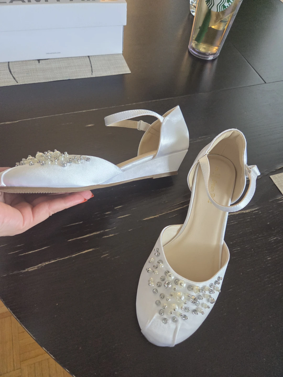 Dream Pairs White Pearl Ankle Strap Wedges Size 5 - photo 2