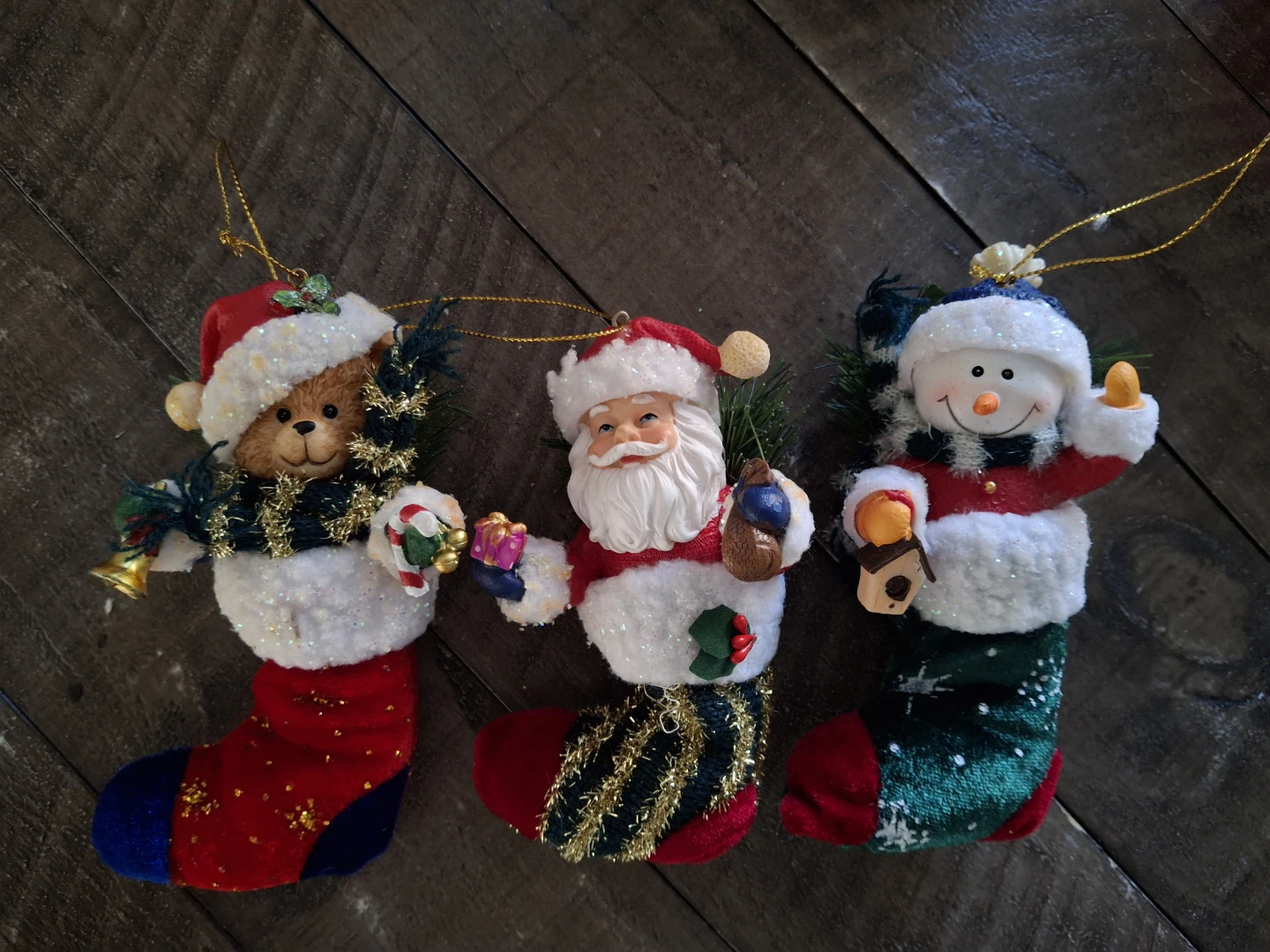 3 stocking ornaments.
