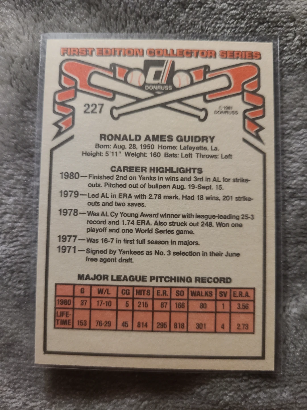 1981 Donruss Ron Guidry Baseball Card #227 - photo 2
