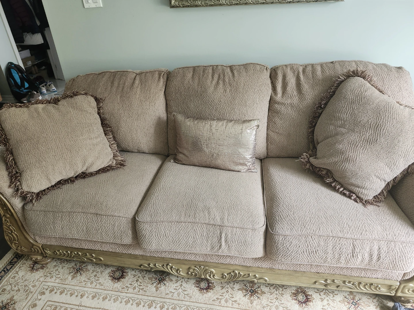 2 Beige Traditional Sofa with Ornate Wood Trim - photo 4