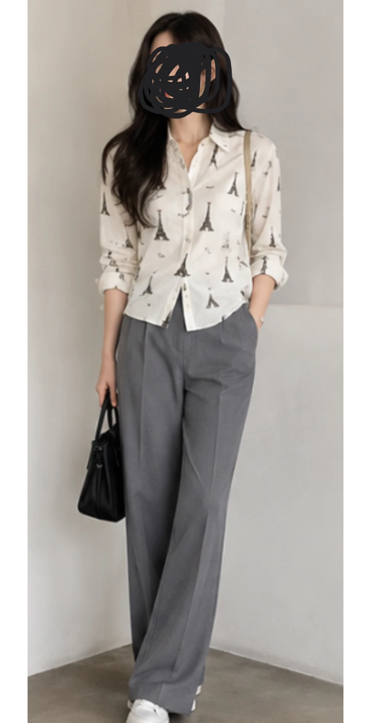 White Paris Eiffel Tower Print Button-Up Blouse