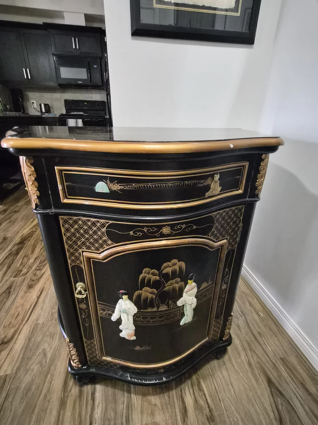 Oriental Style Black Lacquer Accent Cabinet