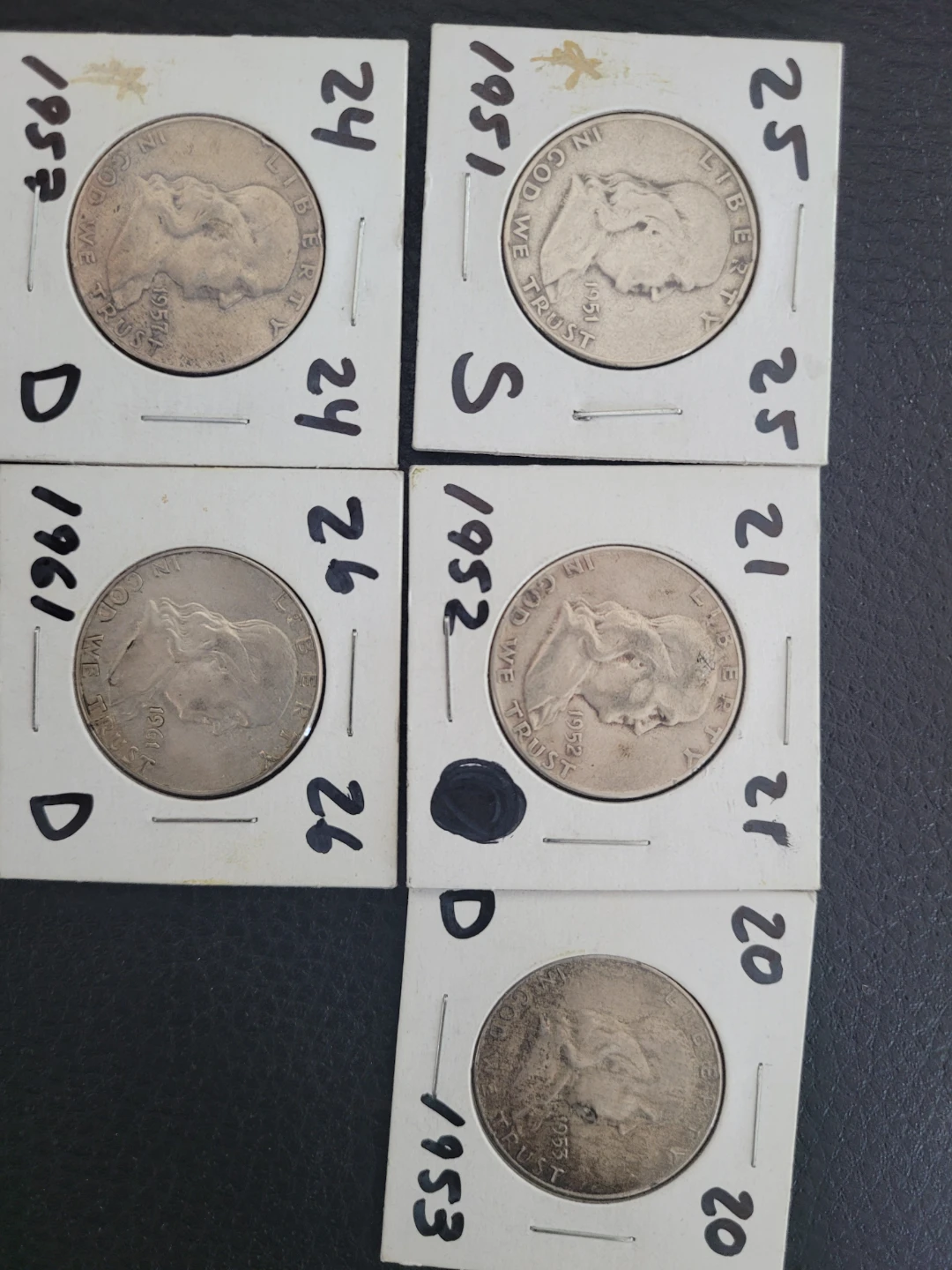 Lot of 5 US Half Dollar Coins