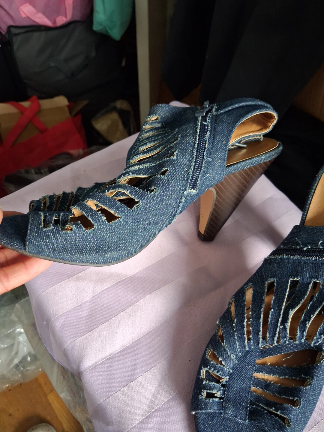 Denim Cut-Out Heeled Sandals - photo 2