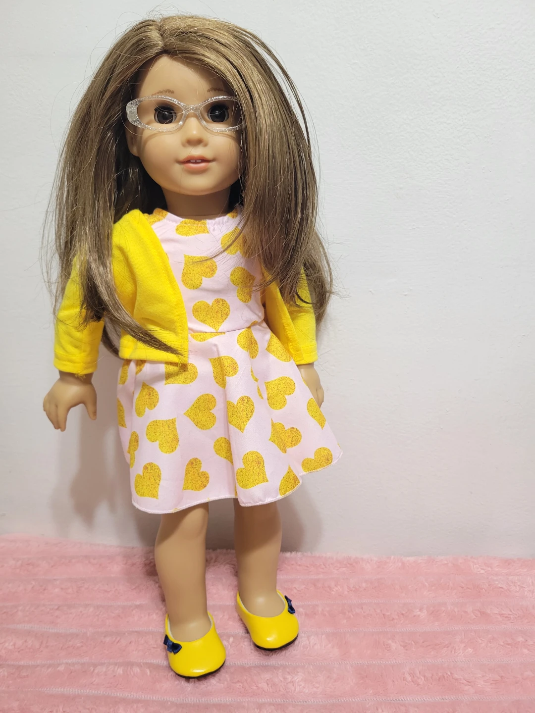American Girl Doll with Yellow Cardigan and Heart Dress - photo 2