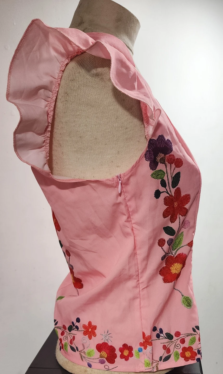 Pink Floral Embroidered Flutter Sleeve Top - photo 3