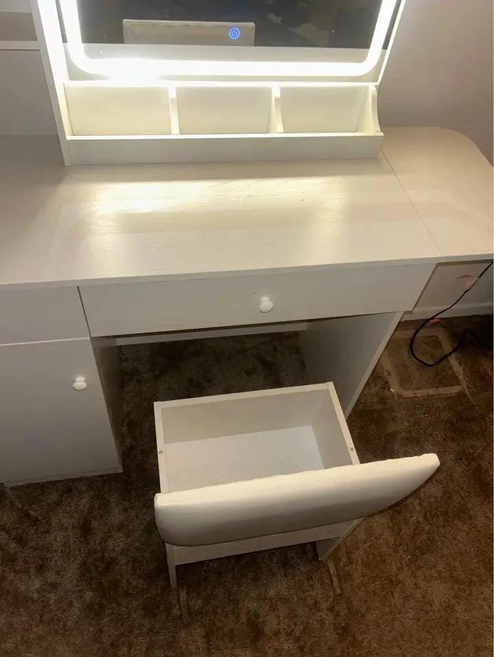 White Vanity Table with LED Mirror and Stool - photo 4